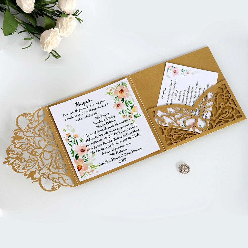 15*15cm Latest Brusk Pink Laser Cut Pocket Folding Wedding Invitation Card Elegant Design Eengagement Ceremony Cards