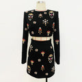 European Style Lady Shinny Rhinestone Beading Suit Fine Workmanship O-neckline Short Tops Pencil Mini Skirt Women 2Pcs
