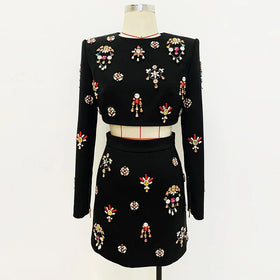 European Style Lady Shinny Rhinestone Beading Suit Fine Workmanship O-neckline Short Tops Pencil Mini Skirt Women 2Pcs
