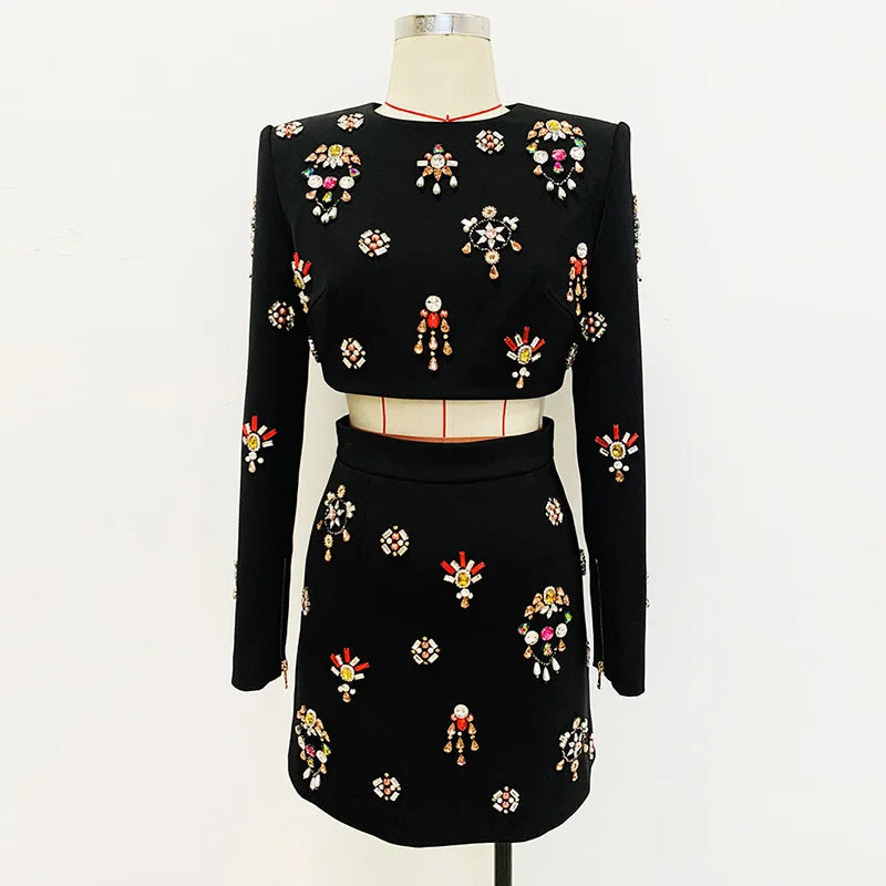 European Style Lady Shinny Rhinestone Beading Suit Fine Workmanship O-neckline Short Tops Pencil Mini Skirt Women 2Pcs