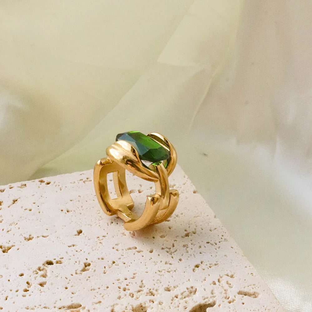 Chris April Fashion Jewelry PVD Gold Plated 316L Stainless Steel Non-tarnish Zircon Emerald Gemstone Chain Ring