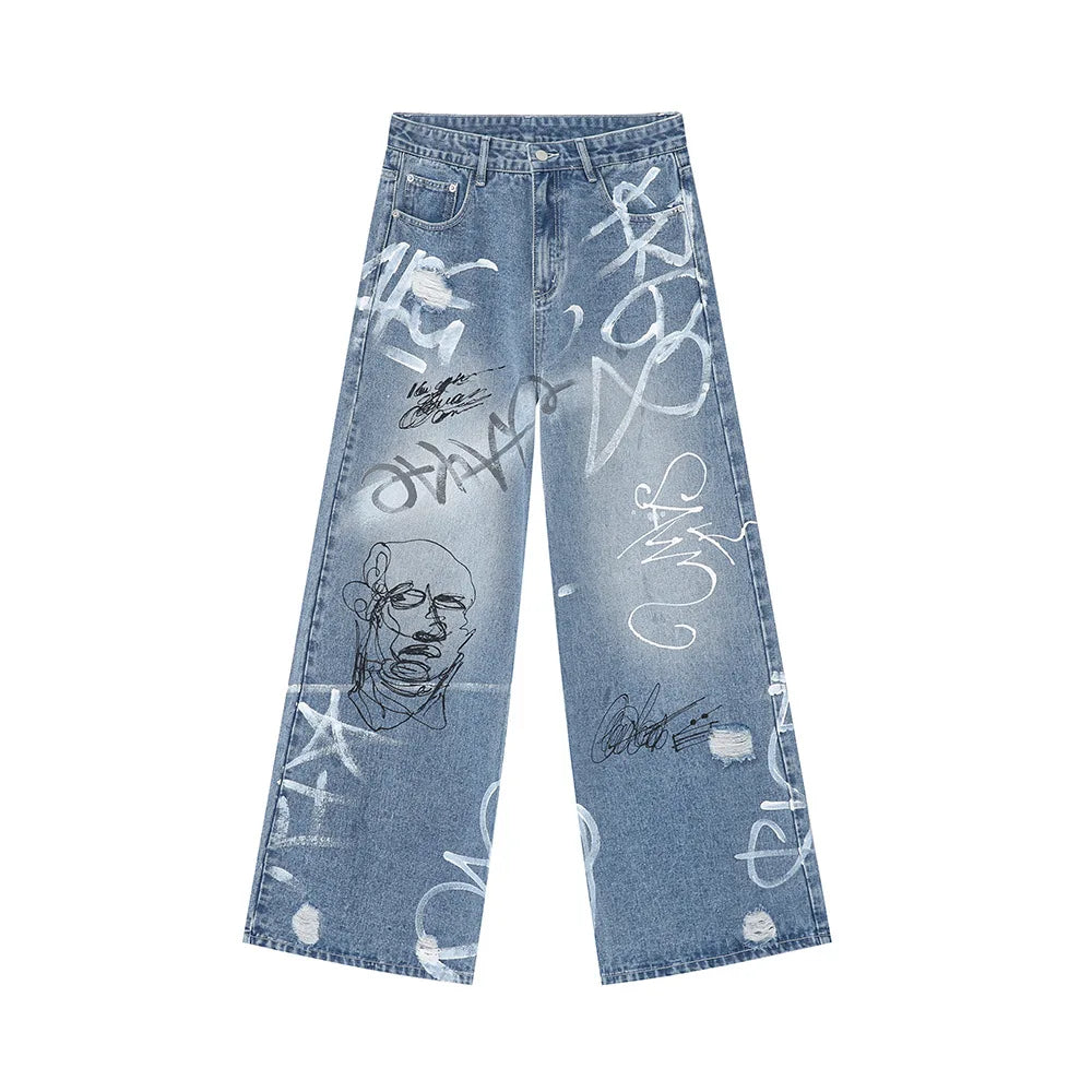 Ready to Ship Hot Sell America Street Fashion Men Graffiti Paint Fitting Jeans Men Vintage Blue Washed Jeans Men Designer Jeans