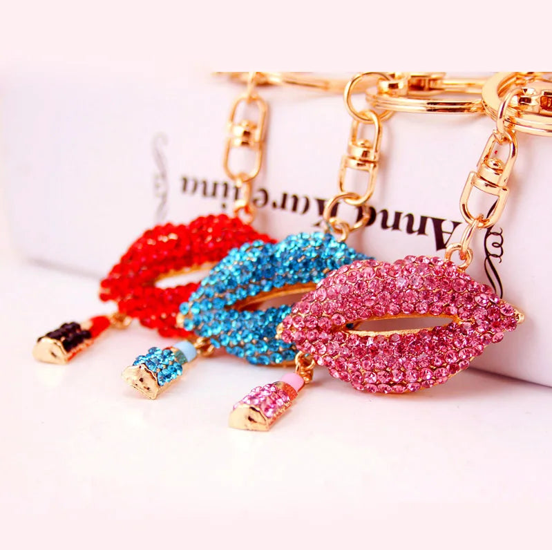 Luxury Full Diamond Lips Keychain with Rhinestone Leather Strap Bag Pendant