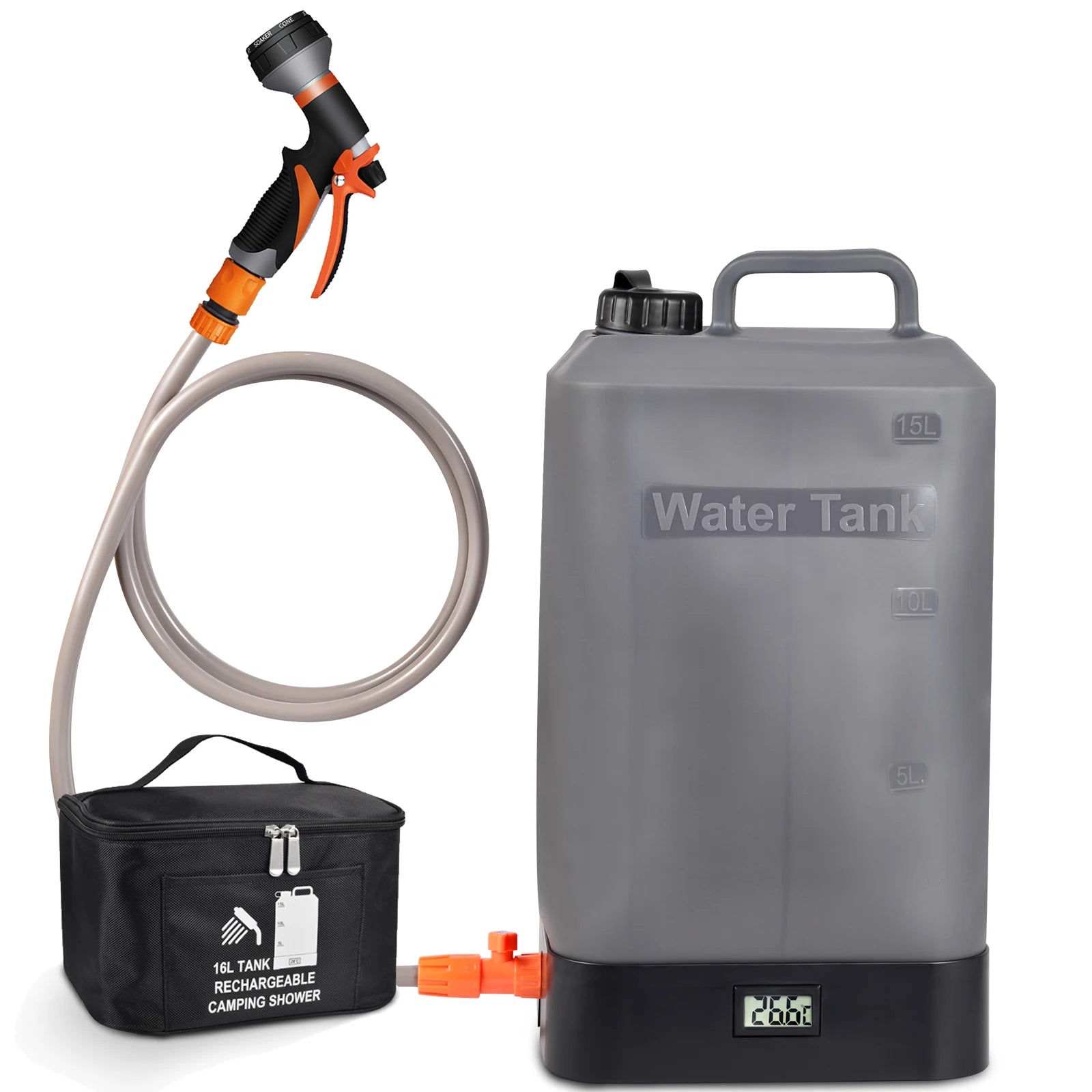 Portable Outdoor Shower 4.5 Gallon Silicone Water Tank Battery Powered and with Temperature Display Solar Heating Easy to Carry