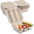 Bioleader PFAS Free 100% Compostable White/Brown Bagasse Clamshell 3 Compartment Disposable Taco Holder with Lid