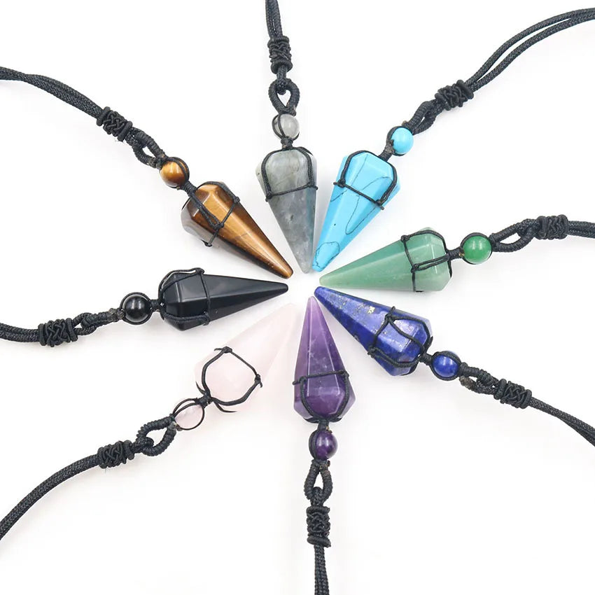 Best Selling Natural Stone Hexagonal Column Pendulum Pendant Necklace Conical Spirit Face Bullet Crystal Item