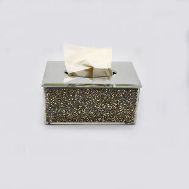 Home Decor Rectangular Crystal Glass Crush Sparkly Diamond Tissue Paper Boxes Holder With Silver Mirrored Floating Crystal Cover