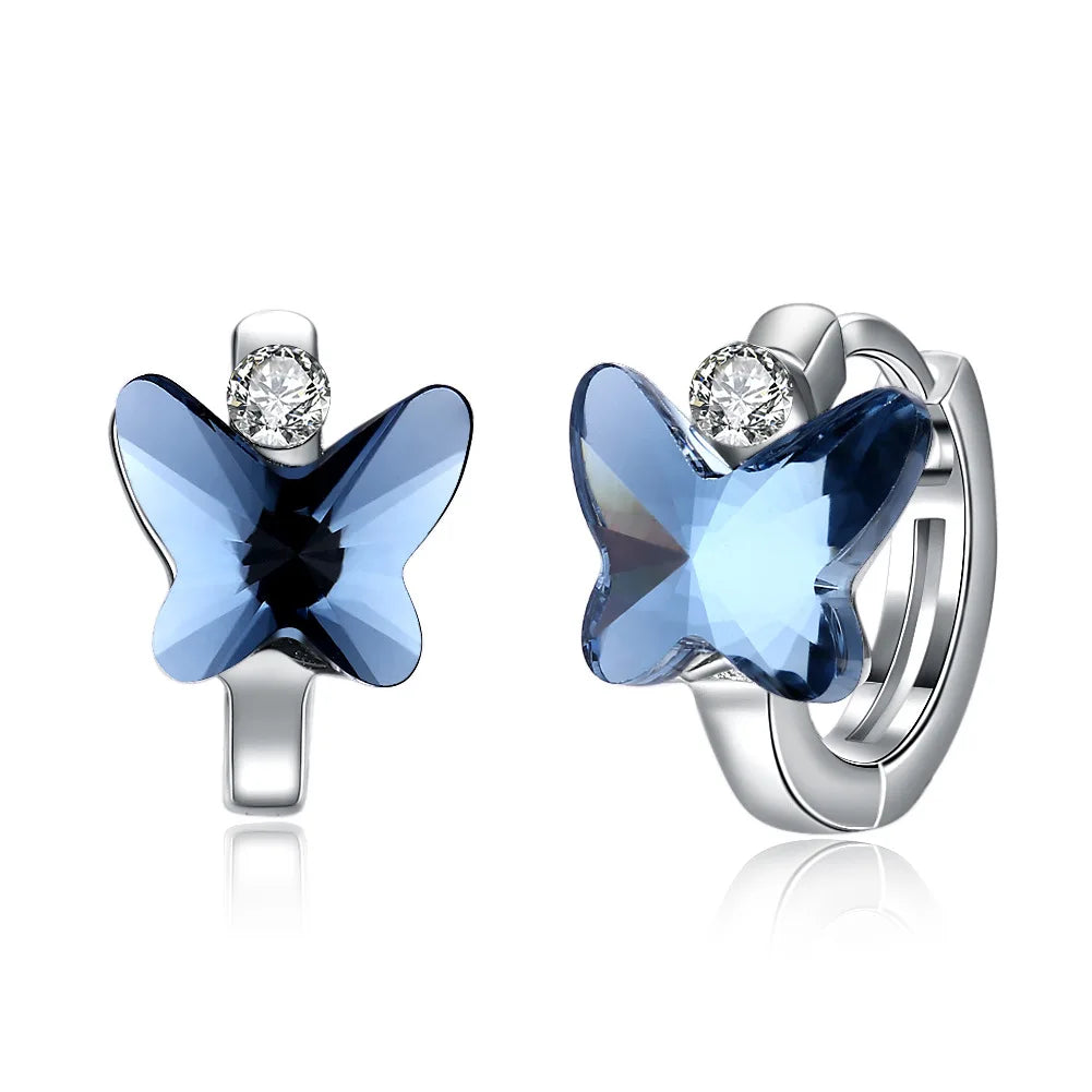 Custom Cute Kid Jewelry Earring Pink Blue Austrian Crystal 925 Sterling Silver Gold Plated Butterfly Hoop Huggie Stud Earrings