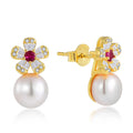 QX CUSTOM OEM Red Zircon Pearl Fine Jewelry Luxury 925 Sterling Silver 18K Gold Plated Stud Flower Earring for Women