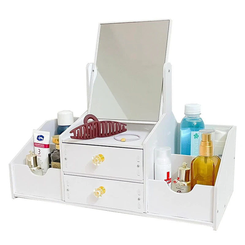 Wood Cosmetics Display Case Makeup Organizer with Mirror Drawers for Vanity Skincare Storage Box Nail Polish Jewelry Holder