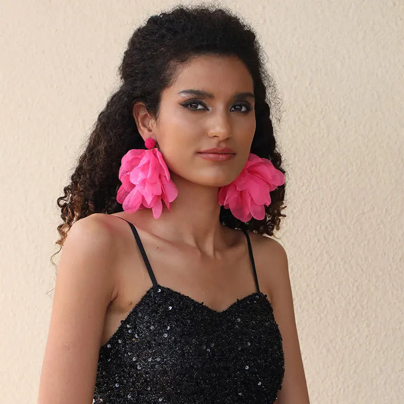 Exaggerated Big Flower Earrings Fabric Handmade Floral Earring Jewelry for Women Party Wedding Drop Earring Women Girls Gift
