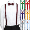 Solid Color Elastic Matte Polyester Suspenders Braces Bowtie Set Men Women Adjustable Straps for Wedding Party Suit Tie