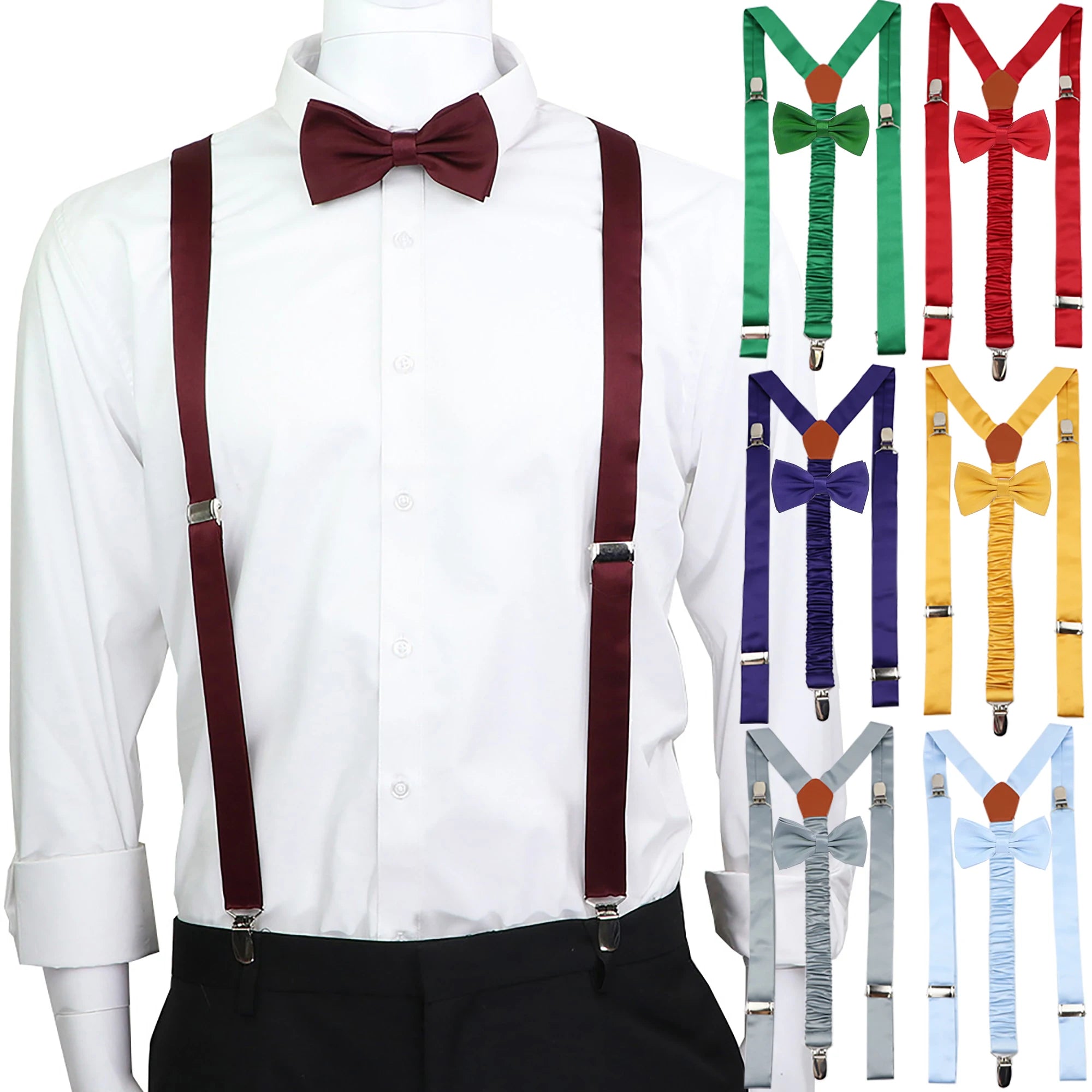 Solid Color Elastic Matte Polyester Suspenders Braces Bowtie Set Men Women Adjustable Straps for Wedding Party Suit Tie