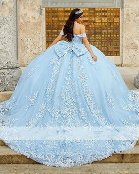 2025 Sky Blue Ball Gown Quinceanera Dresses Off Shoulder Beaded Appliques Sweet 16 Dress Vestidos De 15 Anos MQ727