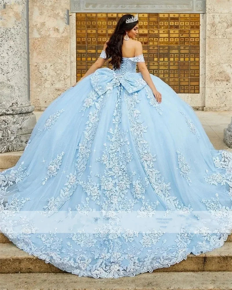 2025 Sky Blue Ball Gown Quinceanera Dresses Off Shoulder Beaded Appliques Sweet 16 Dress Vestidos De 15 Anos MQ727