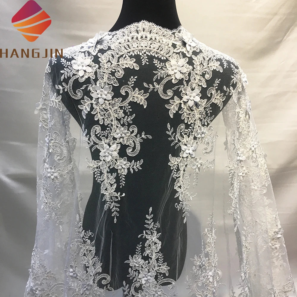 Luxury Beaded Lace 3D Flower Fabric Lace With Beads White French Net Tulle Lace Fabric for Wedding