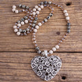 Fashion Knotted Jewelry 8mm Natural Gemstone Crystal Glass Beads Necklace Alloy Hollow Flower Heart Pendant Necklace