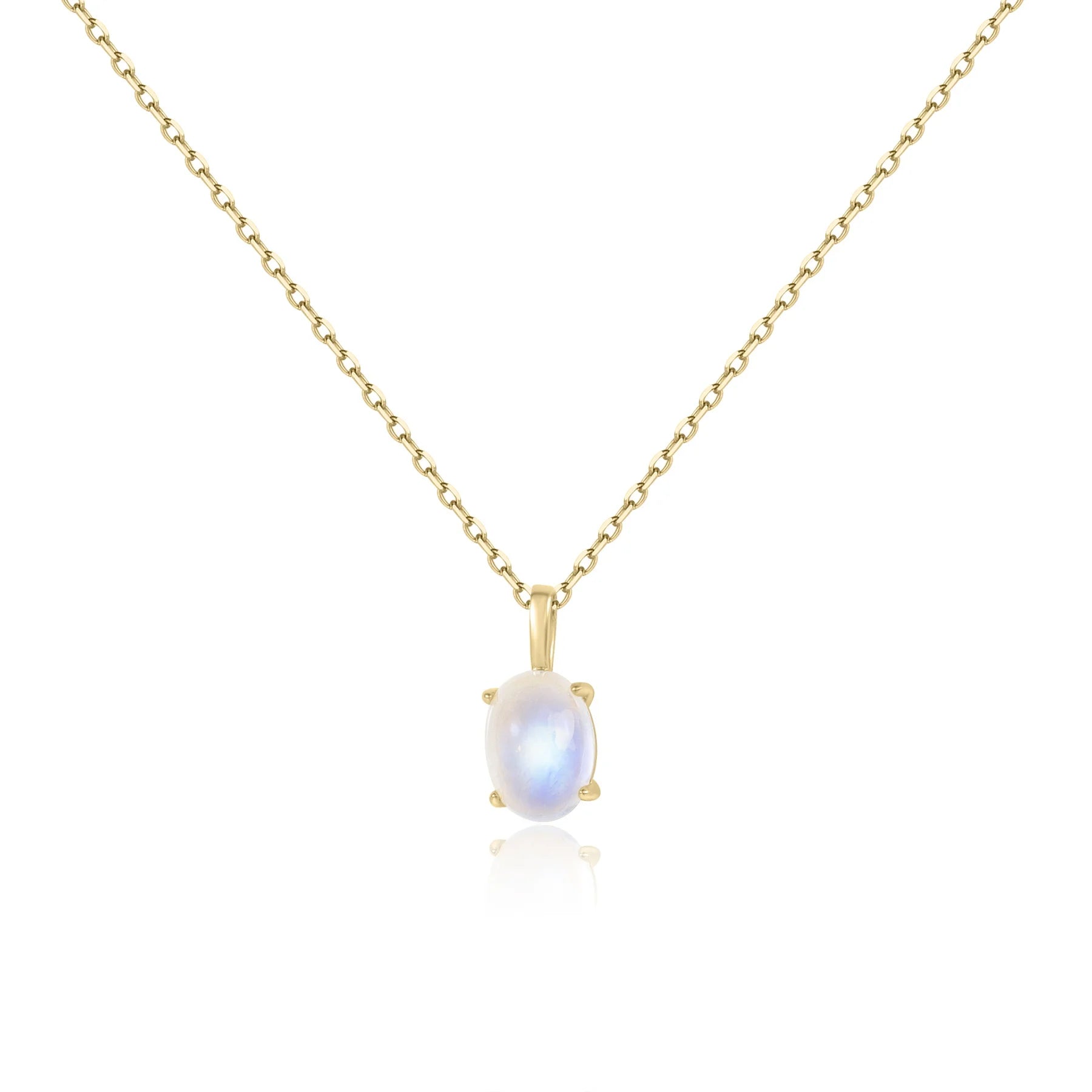 Abiding Minimalist Design Delicate 14K Yellow Gold Plated 925 Silver Oval 5x7 Cabochon Milky Blue Moonstone Solitaire Necklace