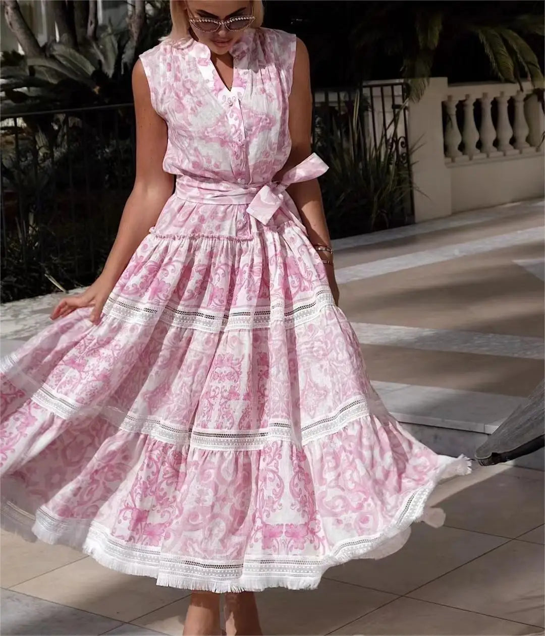 2024 Summer New Style Single-Breasted V-Neck Retro Printed Tassel Edge Casual Midi Dress With Belt