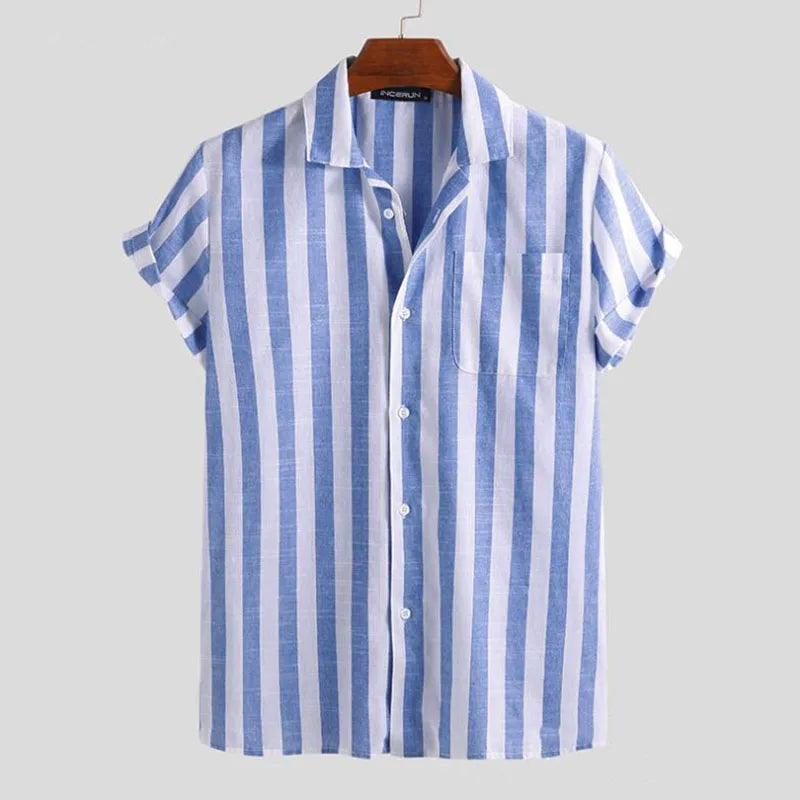 Wholesale Men Striped Shirts Casual Short Sleeve Lapel Neck Man Summer Hawaiian Breathable Shirt Streetwear Tops MegaBDM