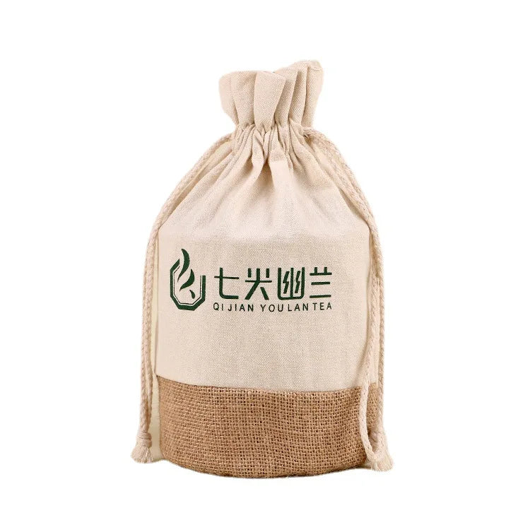 Custom Logo Multi Sizes Round Bottom Drawstring Canvas Rice & Coffee Bean Bags Joint With Jute