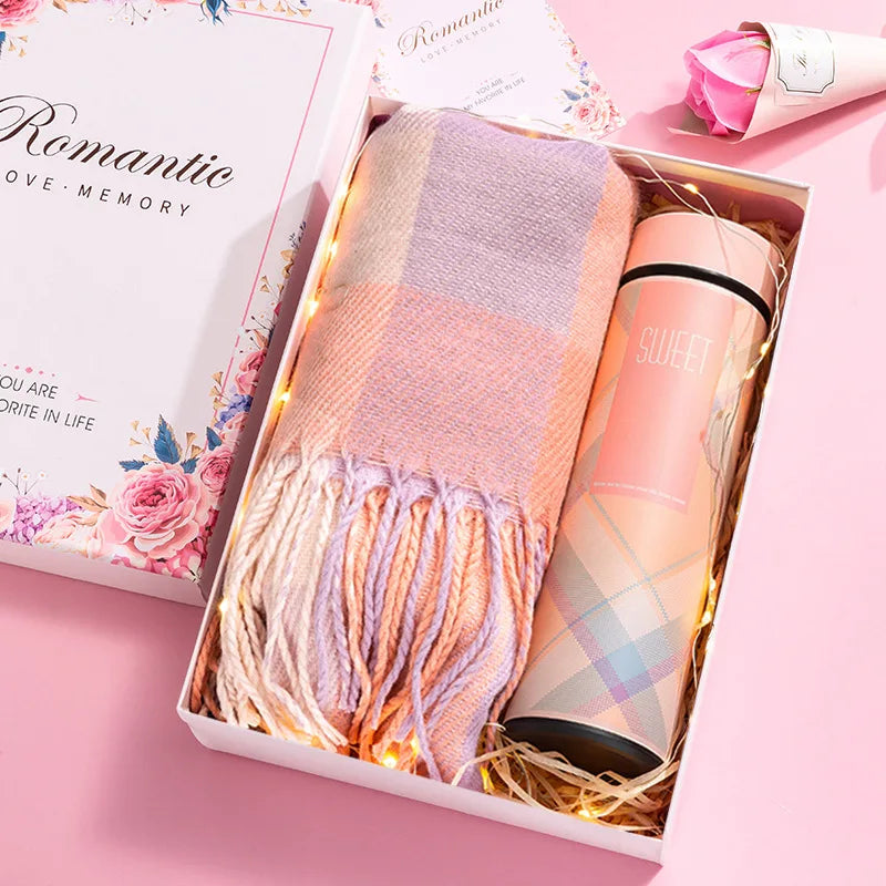 Wholesale 2026 New Trendy Plaid Scarf Vacuum Cup Mug with Rabbit Doll Gift Sets for Women Girlfriend Holiday Giveaways