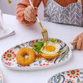 European Black Ceramic Tableware Eco-Friendly Restaurant Home Dinner Set Flower Decal for Breakfast Dinner Wooden Handle Plate