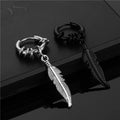 Stainless Steel Silver Black Vintage Leaf Hip Hop Drop Earrings Feather Coil Punk Buckle Earring for Women Men