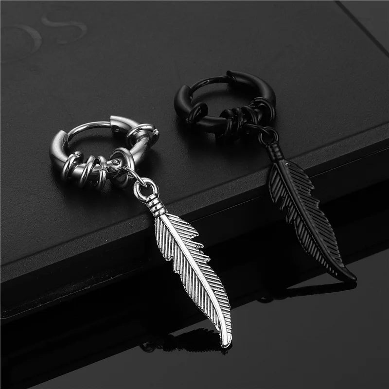 Stainless Steel Silver Black Vintage Leaf Hip Hop Drop Earrings Feather Coil Punk Buckle Earring for Women Men