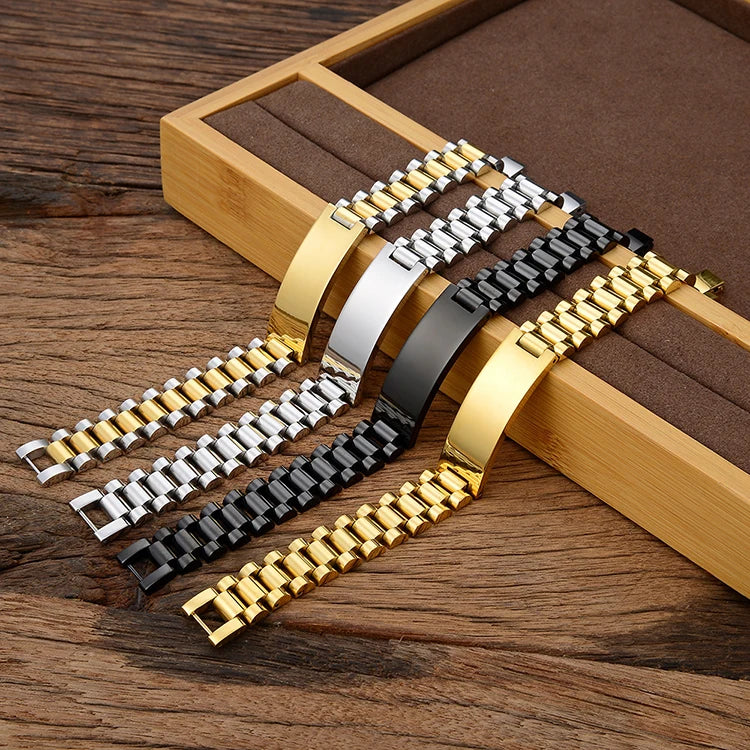 Y259 Wholesale Pulsera De Acero Inoxidable 316L Gold Plated Watchband Blank Bar Custom Logo Charm Bracelets for Couple Gift