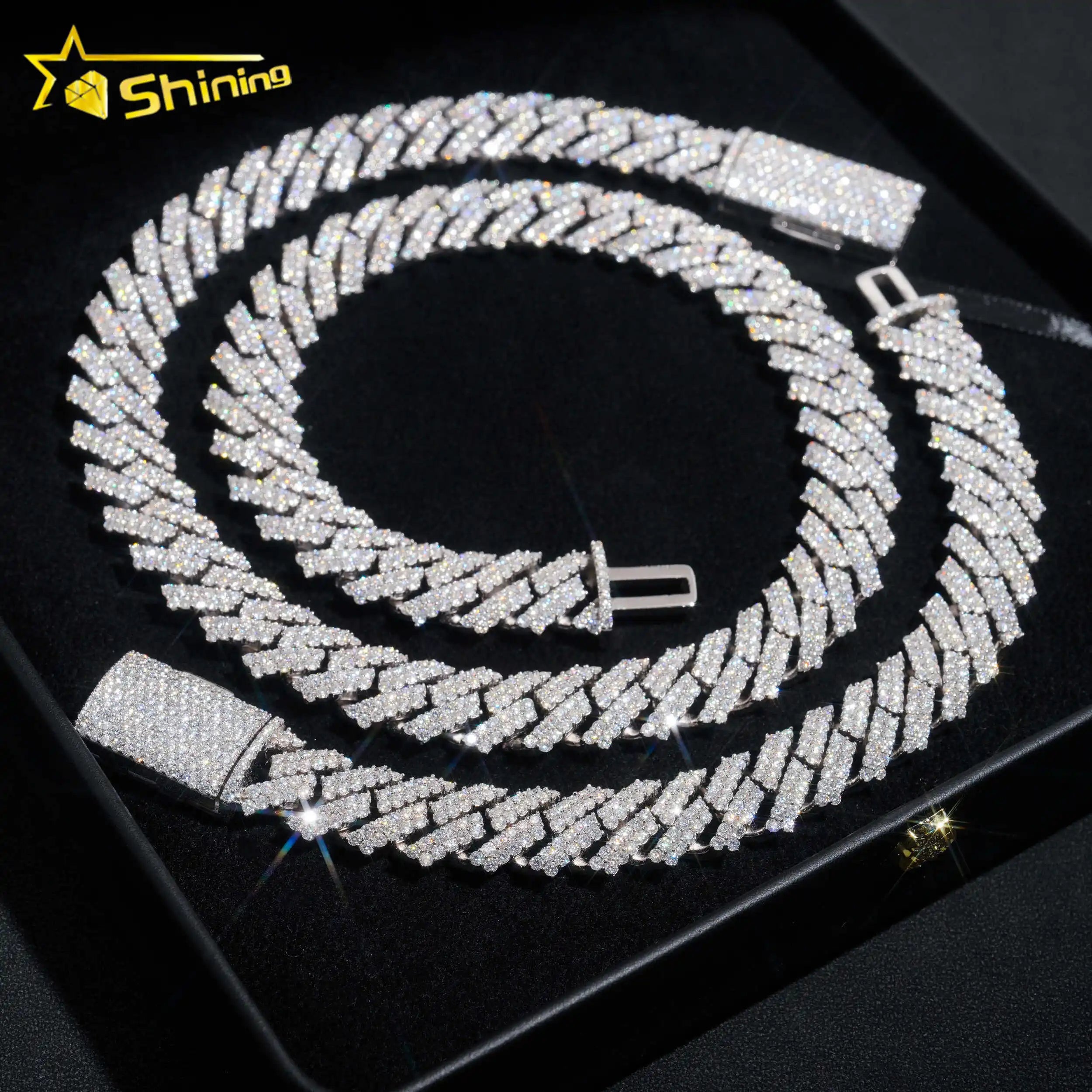 Shining Moissanite Hip Hop Jewelry 15mm 2rows Design Sterling Silver Gold Plated Diamond Moissanite Cuban Link Chain