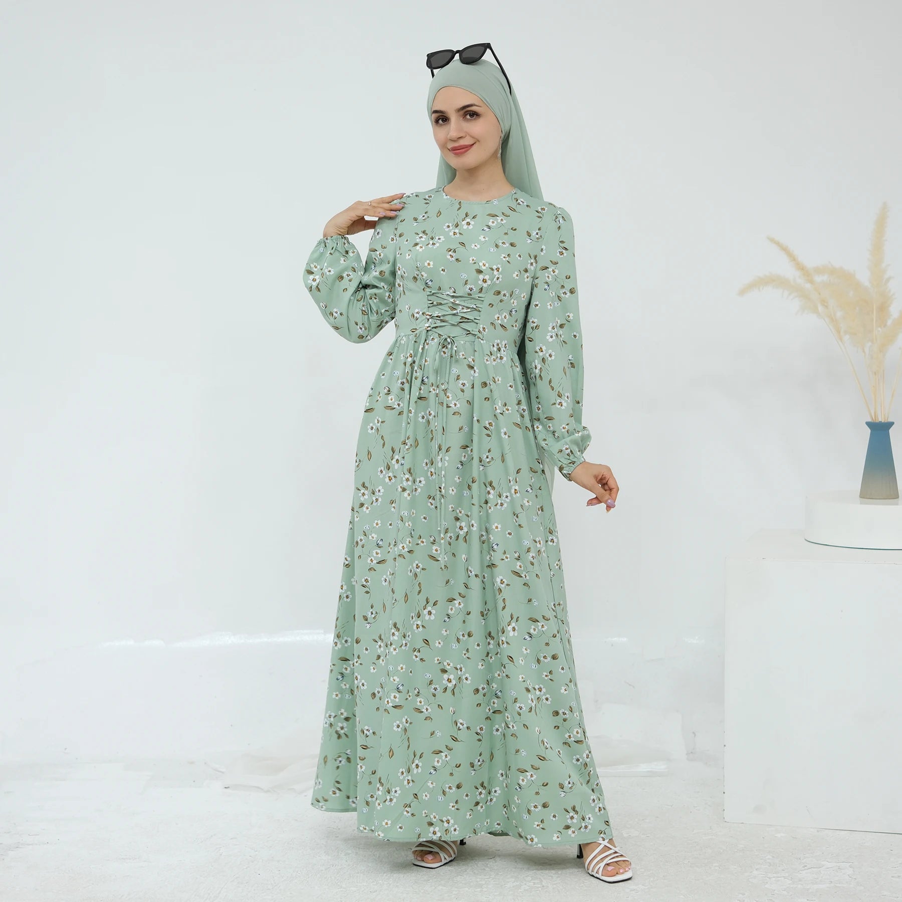Muslim Maxi Cloth Elegant Muslim Maxi Dress for Women Floral Abaya Slim Front Tie Dresses for Islamic Clothing Summer Dresses
