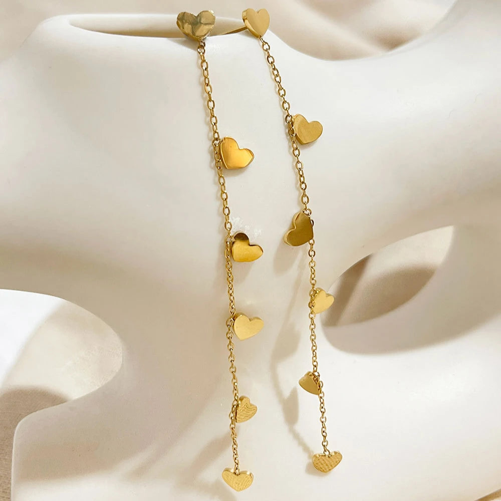 Stylish and Simple 18K Gold Waterproof Women's Jewelry Stainless Steel Multi Heart Round Piece Tassel Long Style Earrings
