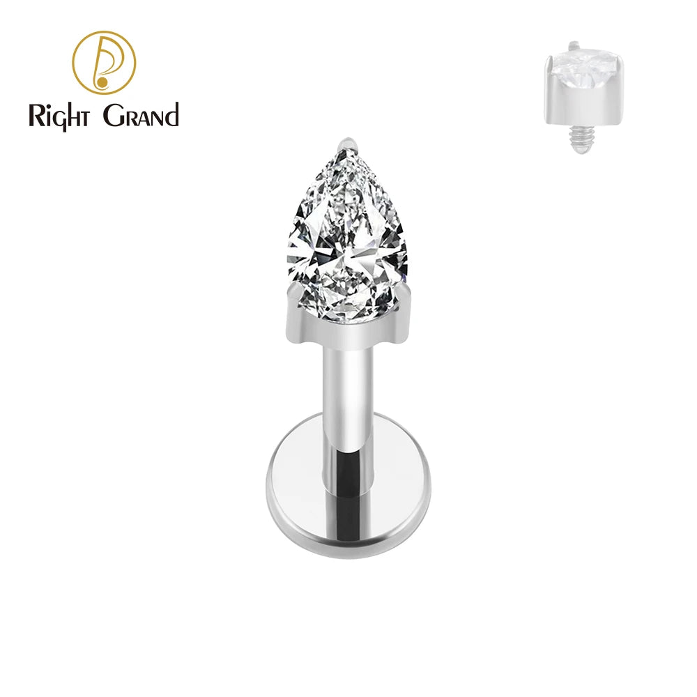 Right Grand ASTM F136 Titanium Teardrop Waterdrop CZ Internally Threaded Labret Tragus Monroe Cartilage Stud Ear Helix Piercing