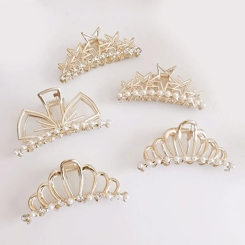 Wholesale Women Hair Catch Haarklammer Fashionable Alloy Shining Star Hair Accessories Pearl Rhinestone Bow Crown Hair Claw Clip