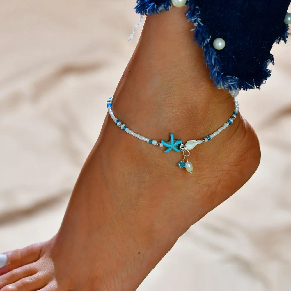 Handmade Statement Barefoot Sandals Foot Bracelet Beach Jewelry Shell Beads Starfish Anklets for Women Girls