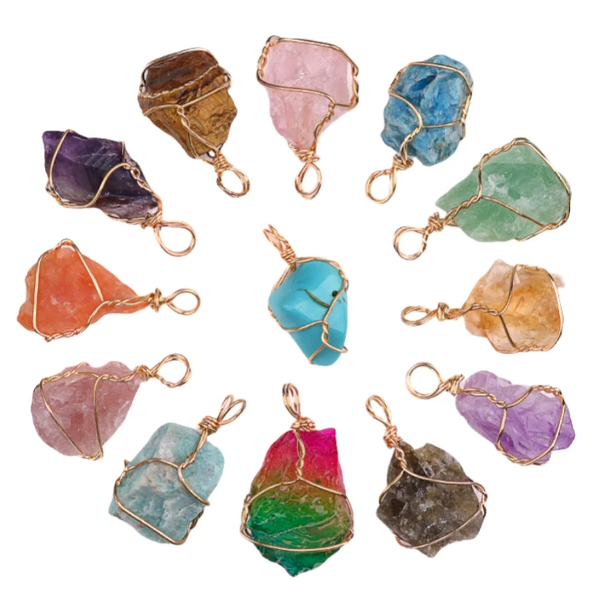 Hot Sale 2CM Fashion Vintage Copper Raw Ore Wire Pendant Multi-Color Agate Stone Charms for Necklace Keychain Making As Gift