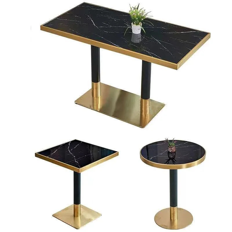 Restaurant Marble Dining Table Luxury Golden Stainless Steel Stone Table Sets for Cafe Hotel Coffee Shop Bar Fast Food Outdoor