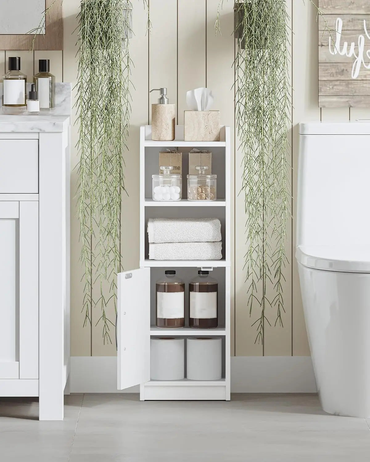 Wholesale Rustic White Small Farmhouse Bathroom Storage Cabinet Adjustable Shelves Narrow Toilet Paper Holder Home Furniture