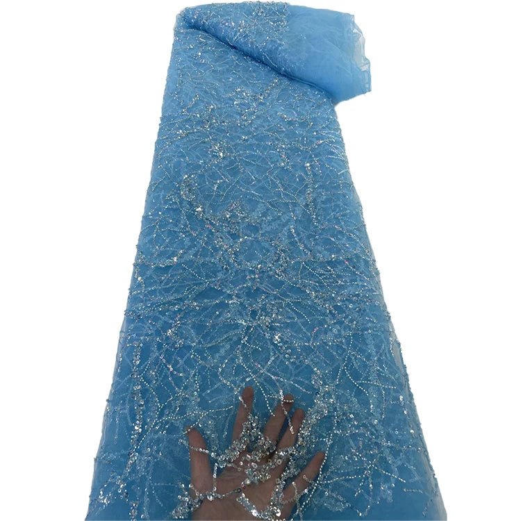 Wholesale Bridal Beaded Lace Fabric Blue Embroidered Lace Materials for Wedding Dresses