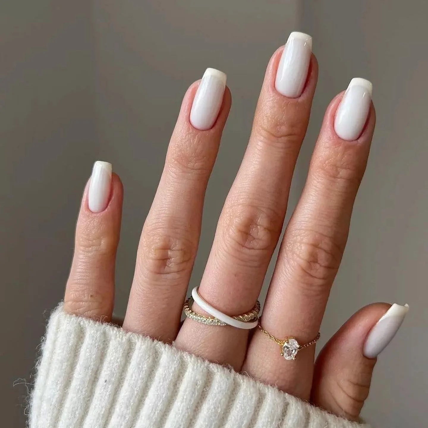 French 24pcs/set Full Cover Press on Square Fake Nails Waterproof Jelly Nail Sticker Short Square White Artificial Nails False