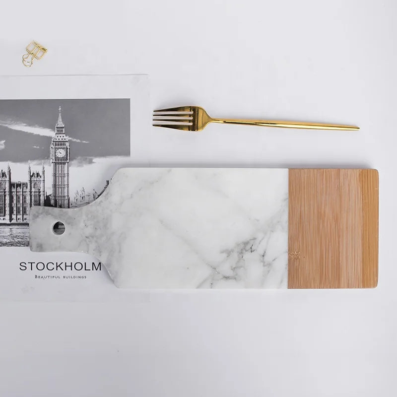 Hot Sell Rectangle Marble Stone Tea Tray Baking Cake Board Cheese Board Bamboo Wood Marble Cheese Board with Handles