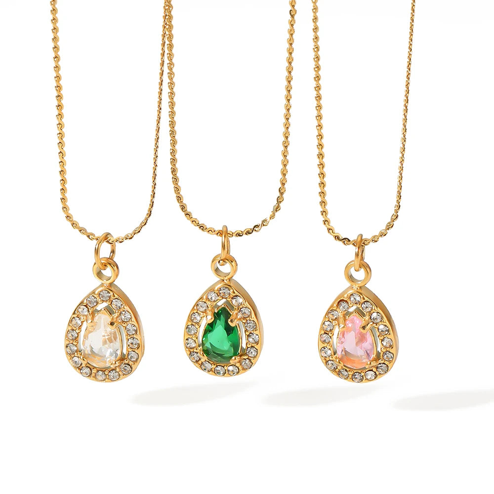 New Arrival Colorful Stainless Steel 18K Gold Plated Non Fading Cubic Zircon Water Drop Pendant Necklace for Women