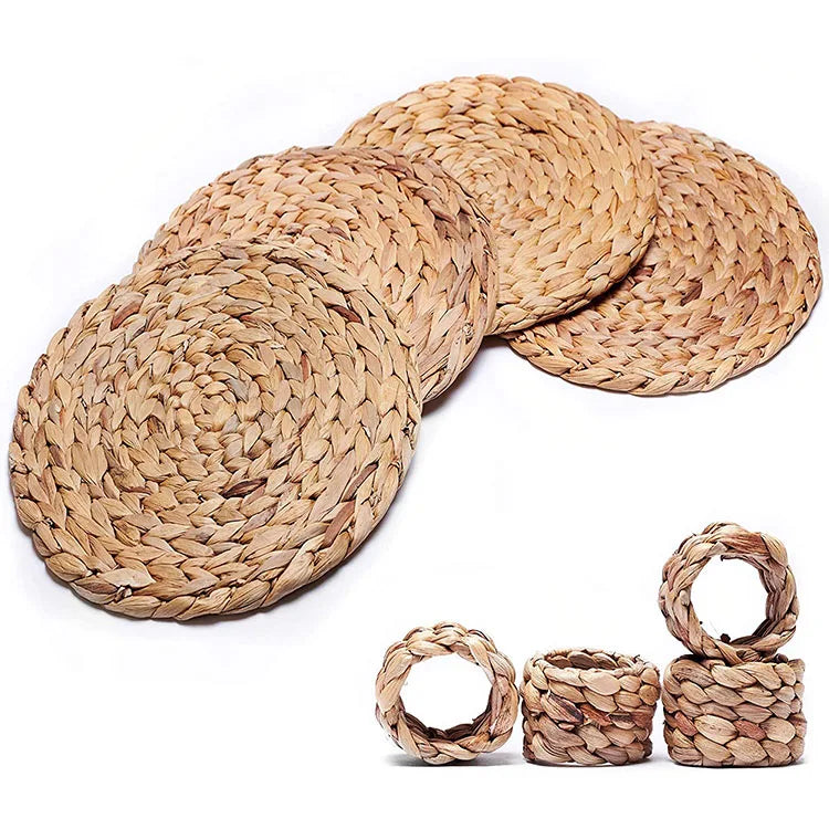 Unique Natural Eco-friendly Hand-made Straw Woven Wedding Party Water Hyacinth Placemat with Napkins Ring