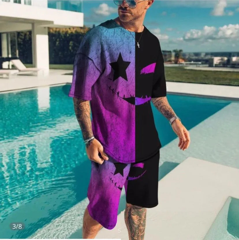 Summer Men's O-Neck Short Sleeve 3D Digital Printing Smart Casual Black 2-Piece Shirts and Shorts Set