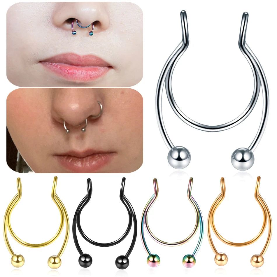 1Pc 316l Surgical Steel Fake Septum Piercing Nose Rings Punk Style Fake Nose Piercing Sexy Body Jewelry for Girl Men Non-Pierced