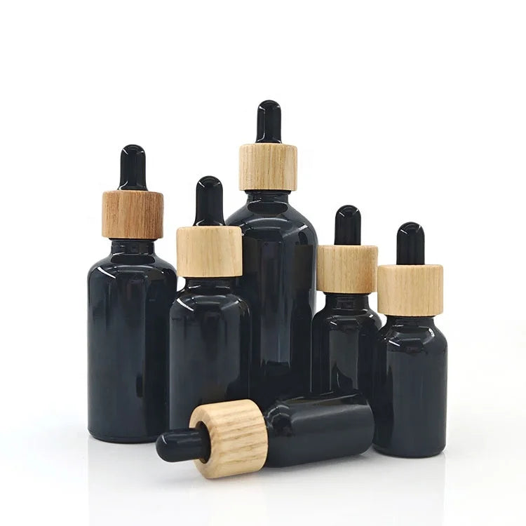 5-100ml Anti UV Proof Shiny Black Bottle Serum Glass Essential Oil Bottle Bamboo Wooden Dropper Cap Cosmetic Cream Container