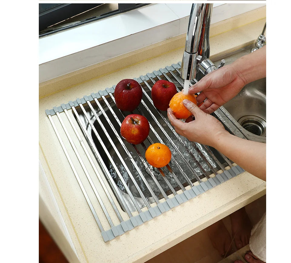 Household Telescopic Draining Basket Kitchen Multi-functional Washing Vegetable Folding Telescopic Basket Sink Draining Rack