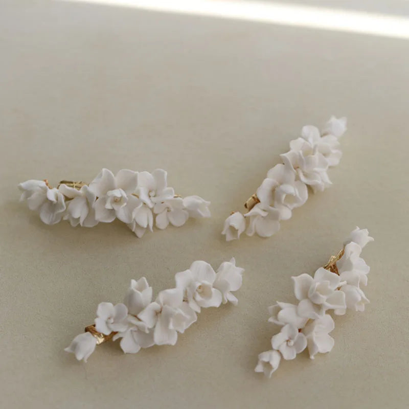 SLBRIDAL Handmade Ins Style Alloy Ceramic Flower Crystal Bridal Hair Clip Barrettes Wedding Headpieces Women Hair Accessories