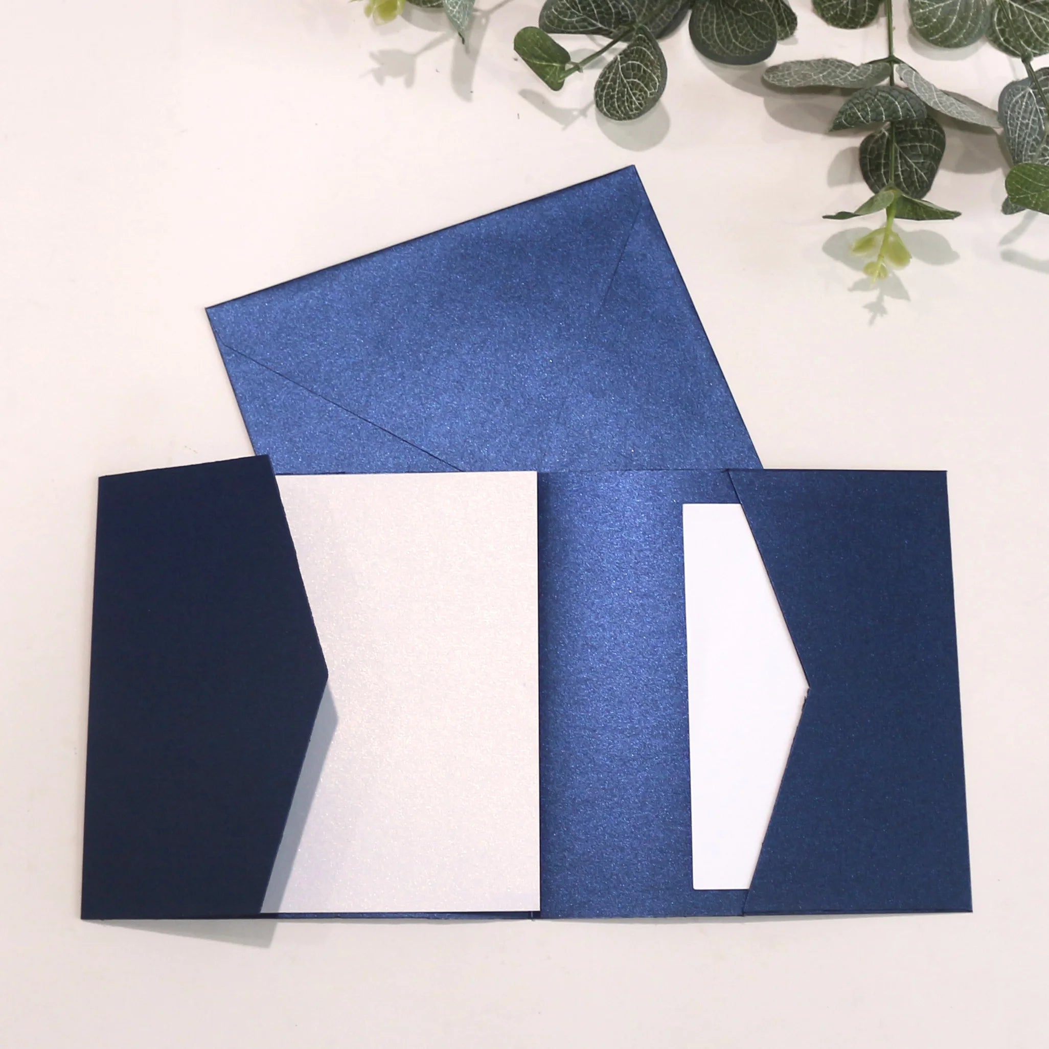 Navy Trifold Wedding Invitation Card Custom Dark Blue Pearl Event Invitation With RSVP